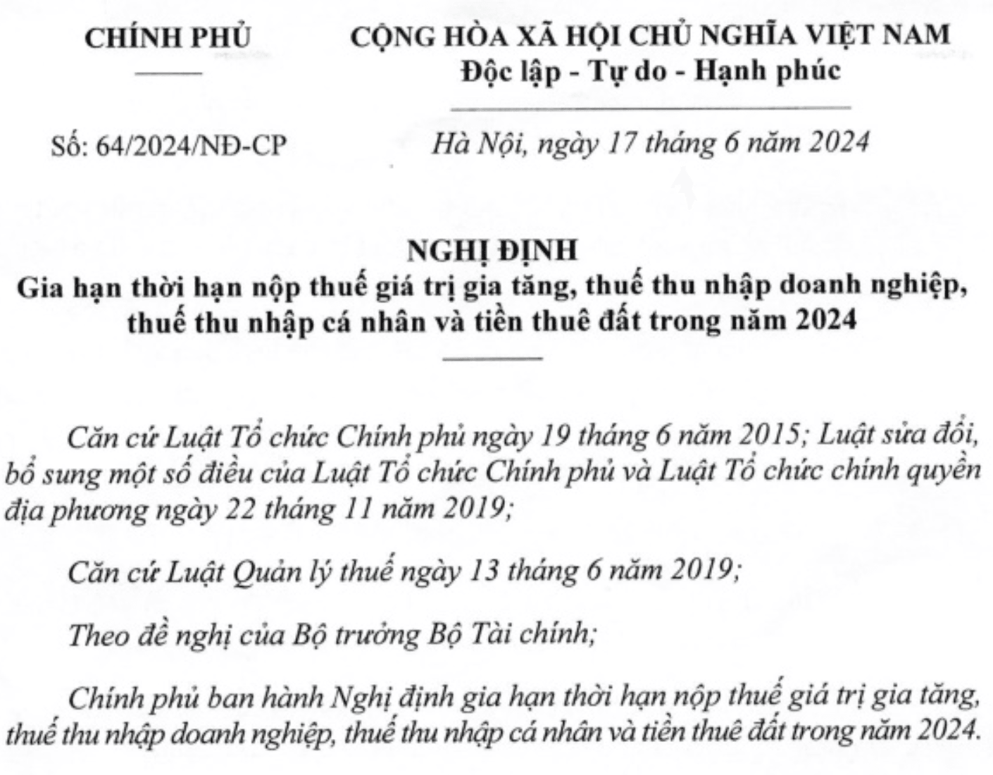 Đại lý thuế An Đức Nghị định 64/2024/NĐ-CP về gia hạn thời hạn nộp thuế giá trị gia tăng, ...