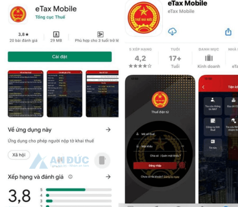 Đại lý thuế An Đức Giao diện ứng dụng eTax Mobile trên CH Play và App Store
